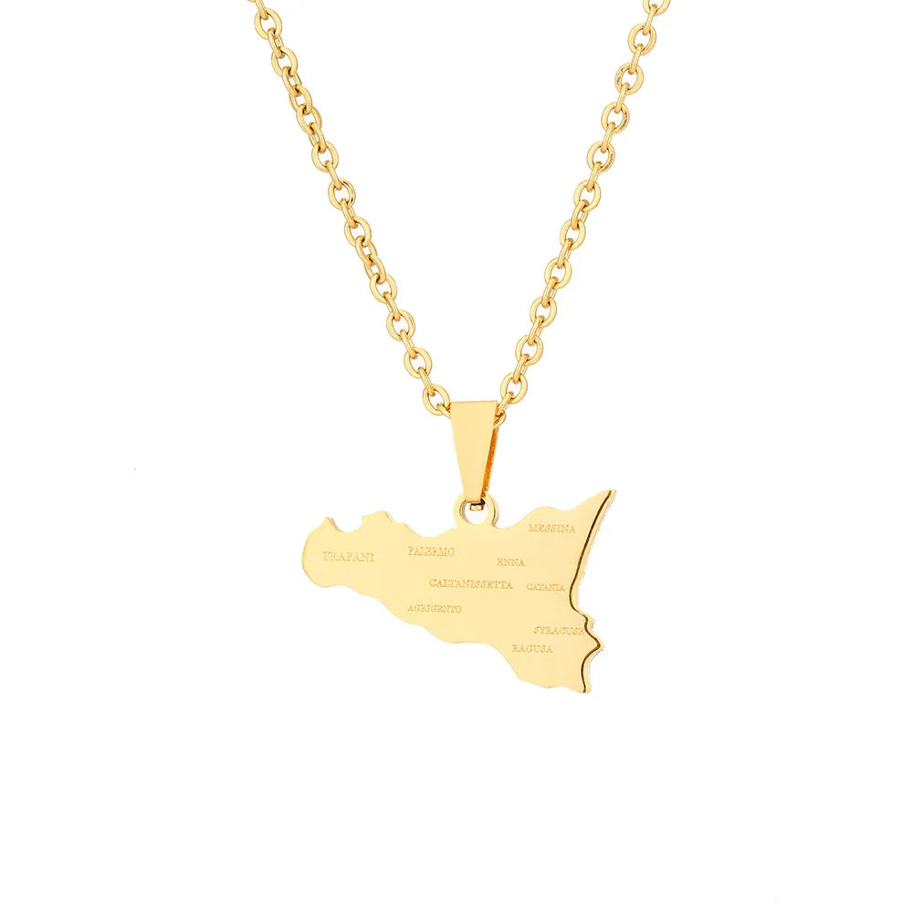 2024 new fashion stainless steel Sicily map and city pendant necklace temperament all collars chain birthday anniversary small g