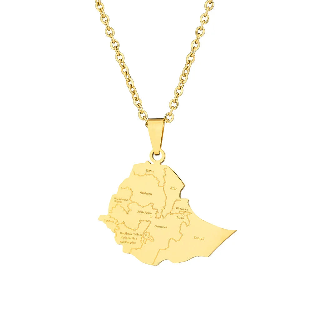 2024 New fashion stainless steel Ethiopia map with city necklace for women and men couples ethnic style accessory collarbone cha