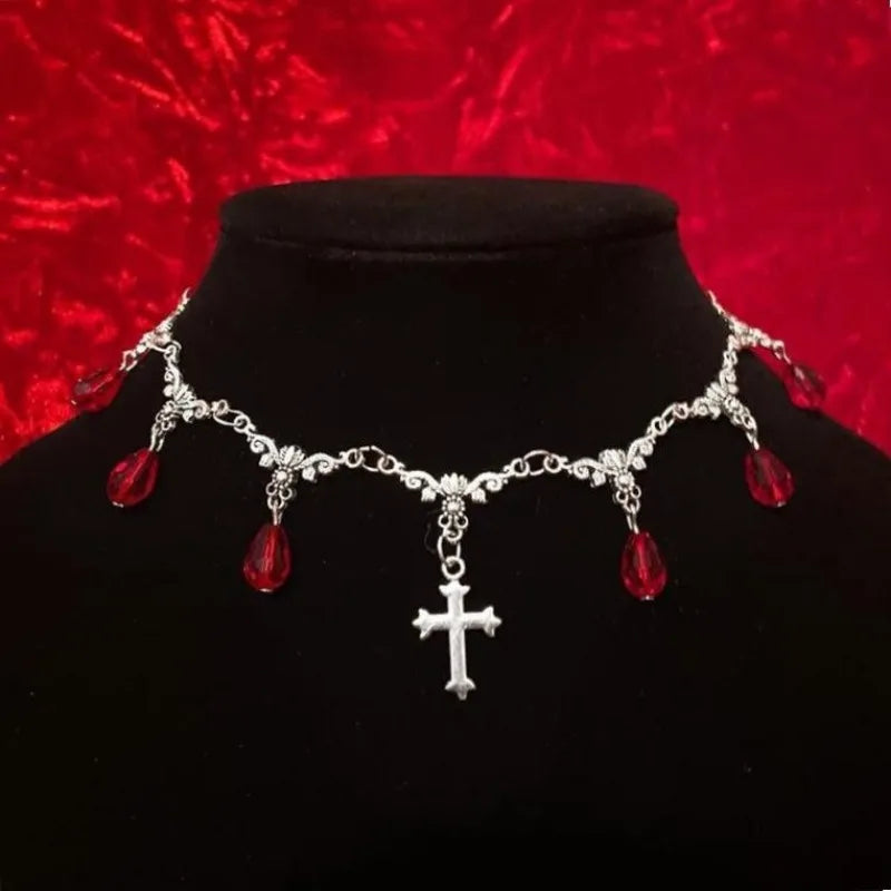 Vampire Bite Chokers Blood Drips Cross Necklace Romantic Gothic Victorian Gorgeous Jewelry Fashion Women Halloween Party Gift