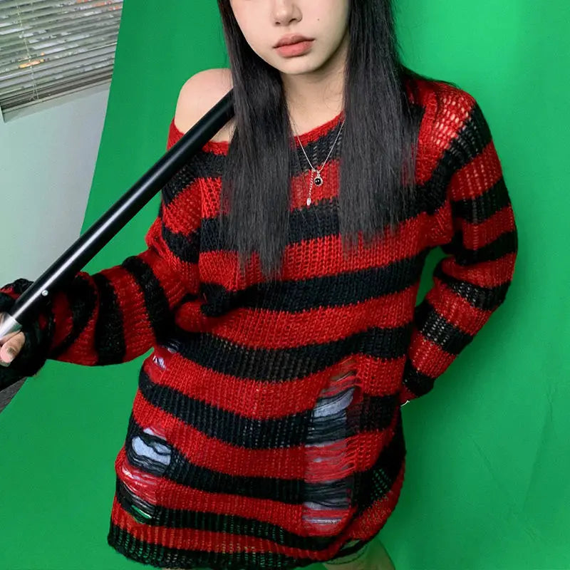 2024 Purple Striped Gothic Sweaters Women Ripped Holes Loose Knitted Pullover Frayed Fairy Grunge Jumpers Emo Streetwear Lolita