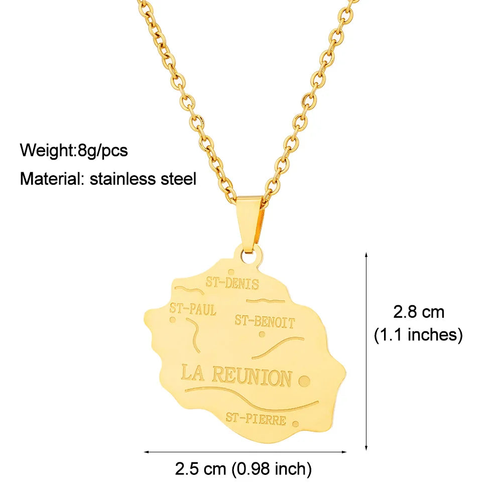 2024 New fashion stainless steel French Reunion map pendant necklace Geometric fashion men's and women's stainless steel pendant