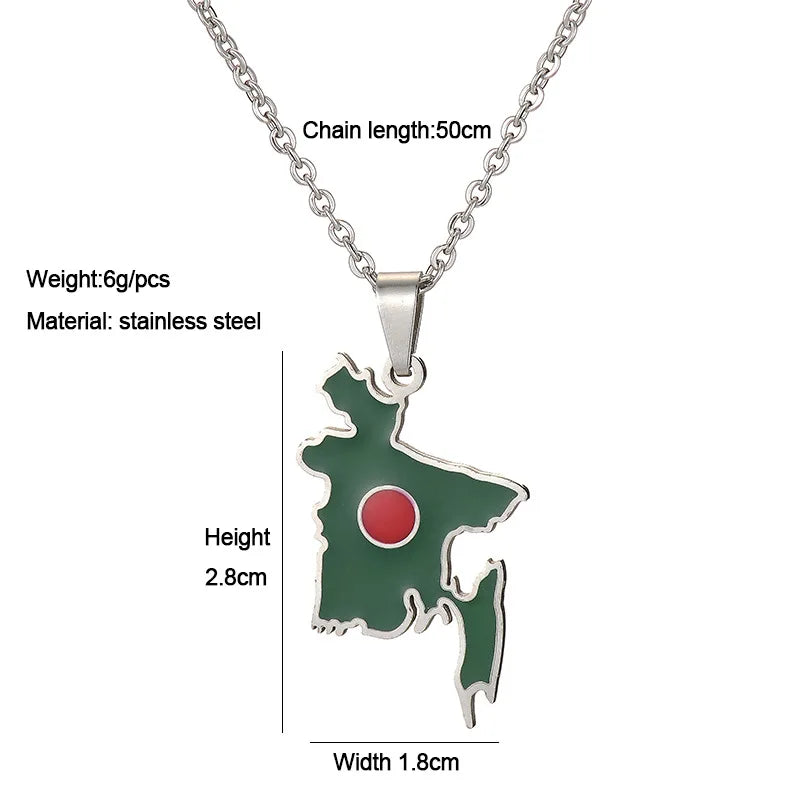 2024 new fashion stainless steel vintage dripping oil Bangladesh map pendant necklace temperament everything collarbone chain bi