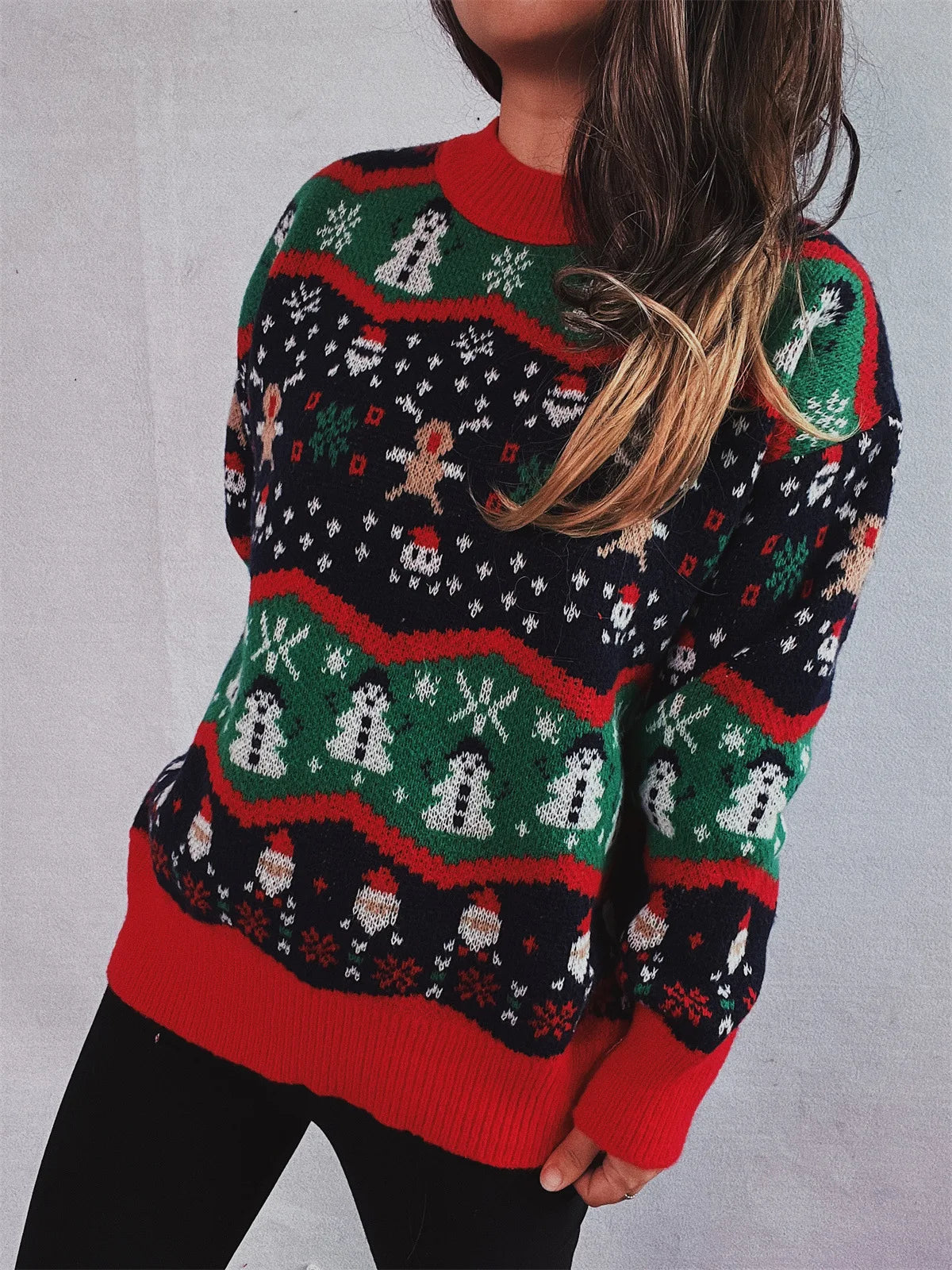 Sueter Mujer 2024 Korean Casual Christmas Sweater Women O Neck Spliced Jacquard Long Sleeves Knitwear Warm Pullover X686