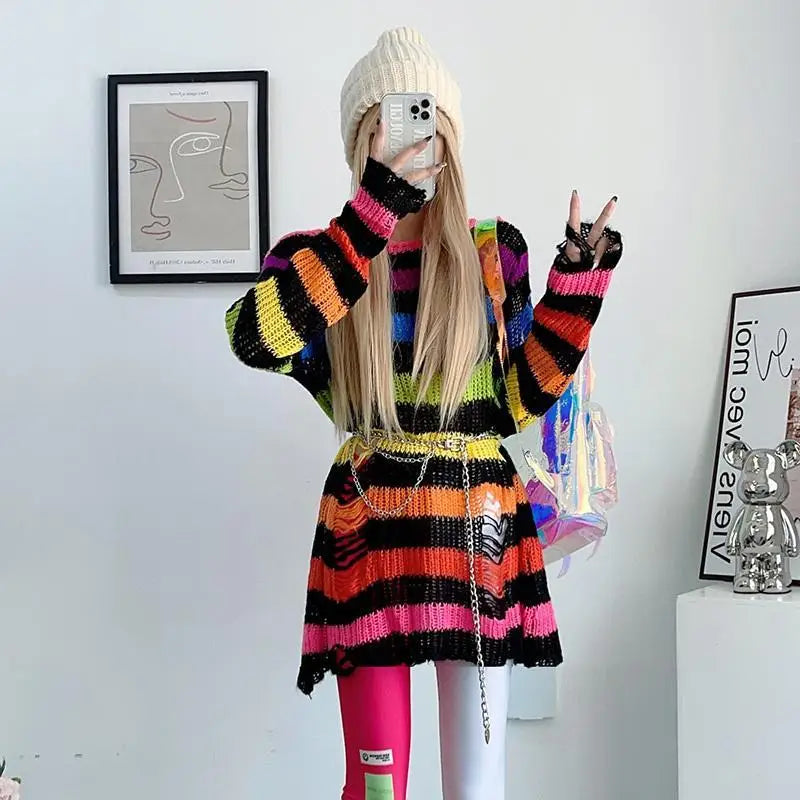 2024 Purple Striped Gothic Sweaters Women Ripped Holes Loose Knitted Pullover Frayed Fairy Grunge Jumpers Emo Streetwear Lolita