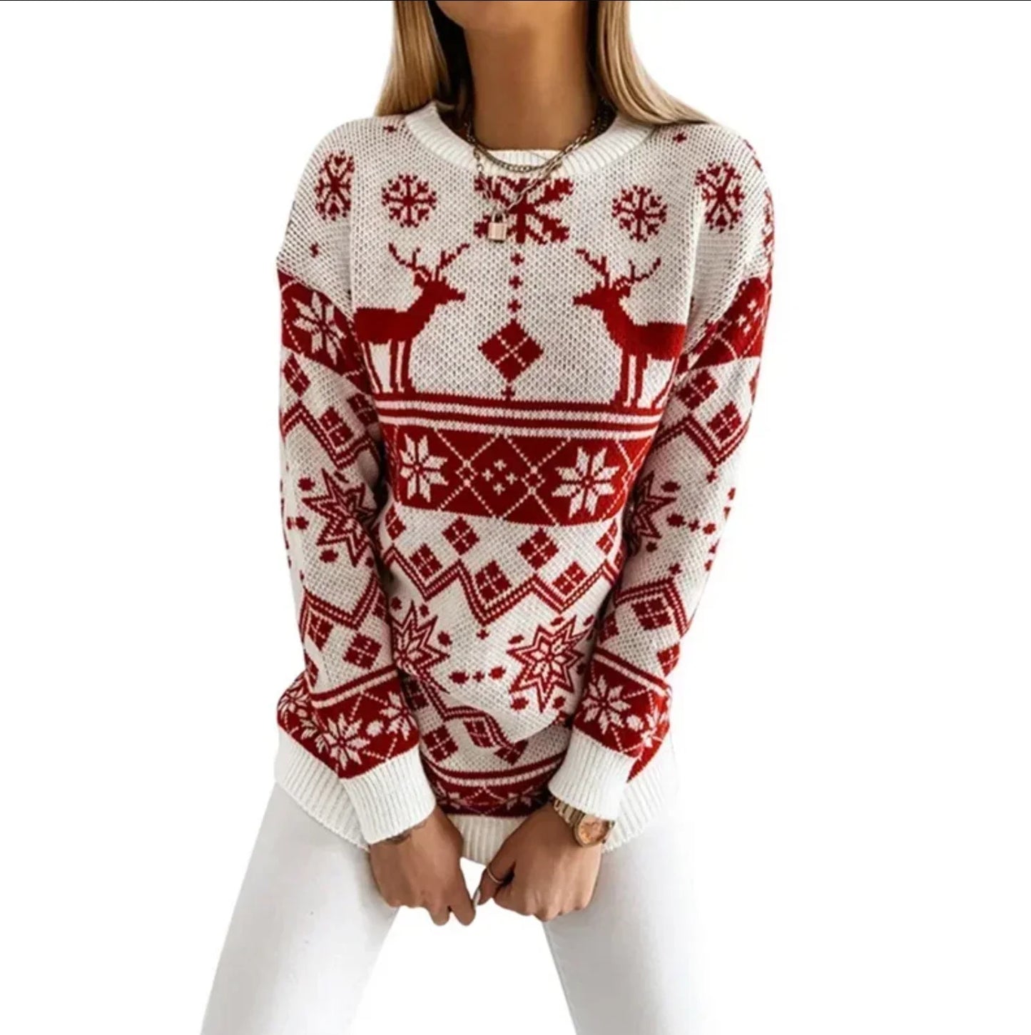 2025 Winter Women's Christmas Sweater Elk Print Knitted Jumpers Full Sleeve O Neck Casual Loose Knitwear Pullover Tops Xmas Look