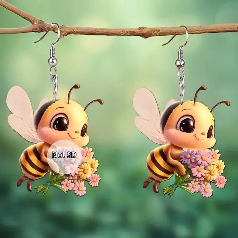 1 pair of original design little bee acrylic earrings holding sunflowers, a pair of beautiful and interesting ladies earrings g