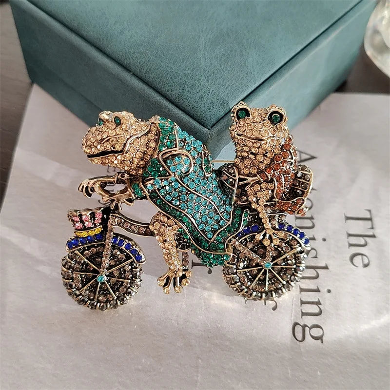 vintage jewelry retro heavy diamond frog prince bicycle brooch women accessories pin