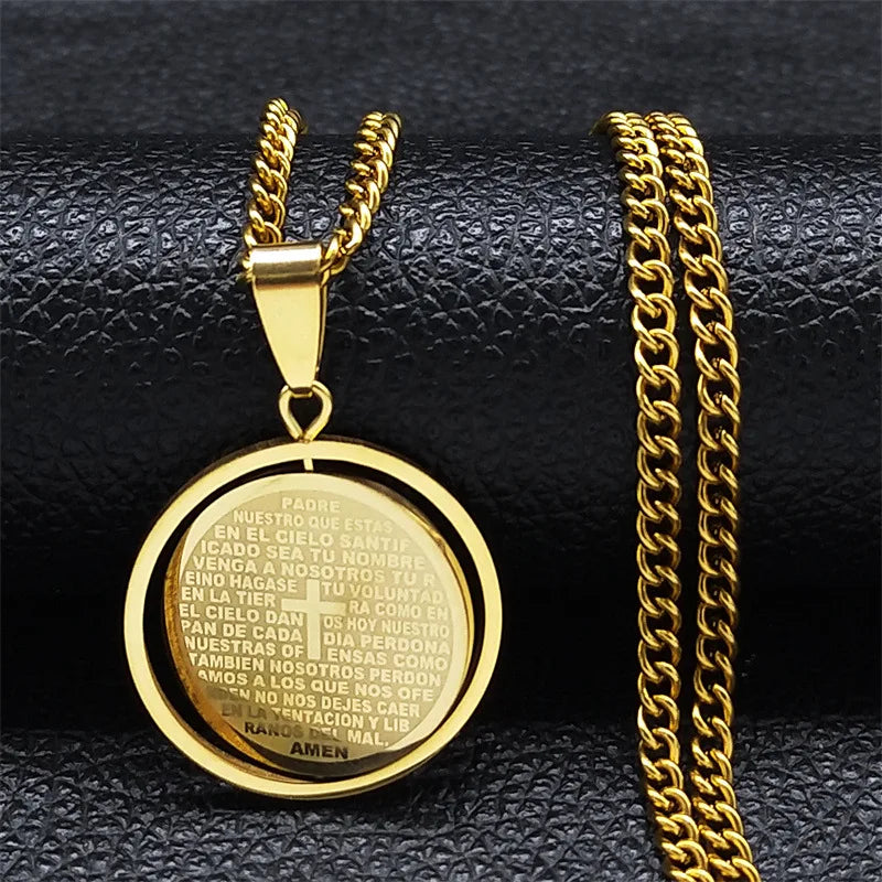 2024 New fashion Prayer Cross pendant necklace Stainless steel Spanish neutral style round pendant collar bone chain accessories