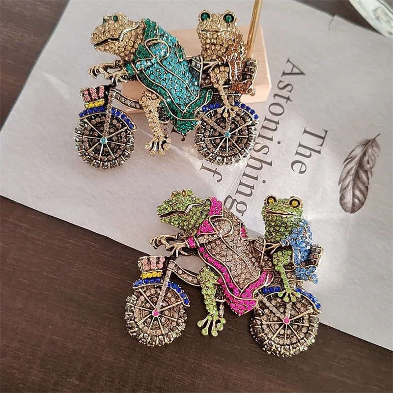 vintage jewelry retro heavy diamond frog prince bicycle brooch women accessories pin
