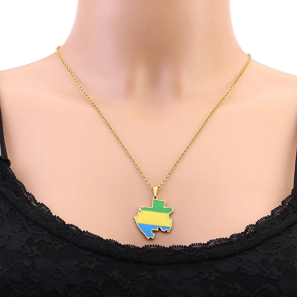 2024 new fashion stainless Gabon map flag pendant necklace temperament everything collarbone chain birthday anniversary gift