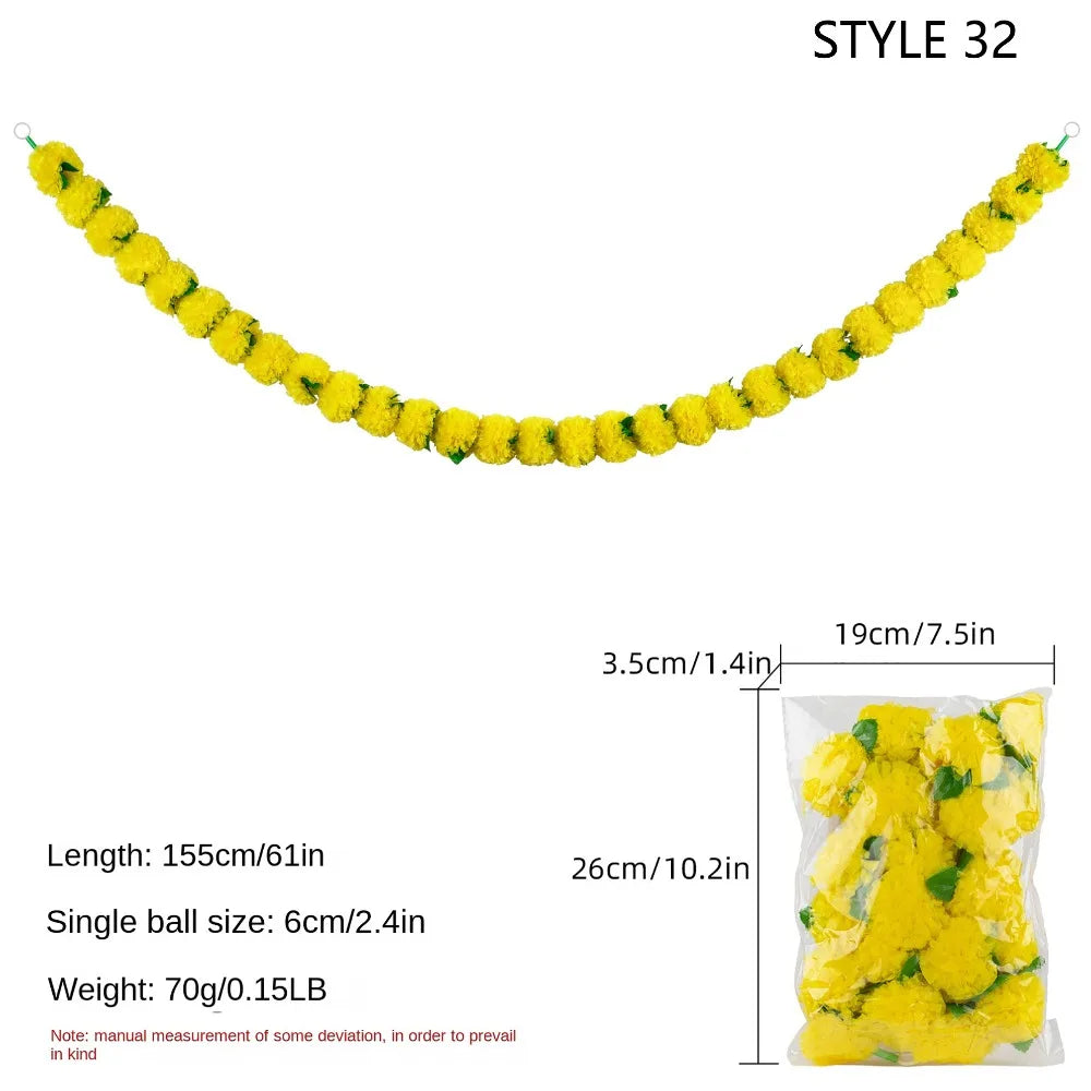 140-160cm Marigold Garland Flower Artificial Festival Wreath Ornament Fake Plant Indian Style Home Party Decor