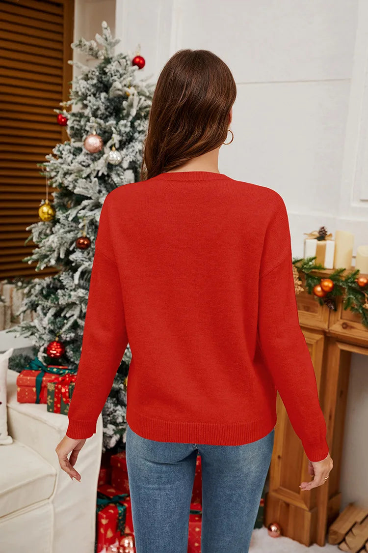Sweater 2025 Autumn/Winter New Product Christmas Cane Bow Glitter Women's Fashion Round Neck Hooded Long Sleeve Knitted Sweater