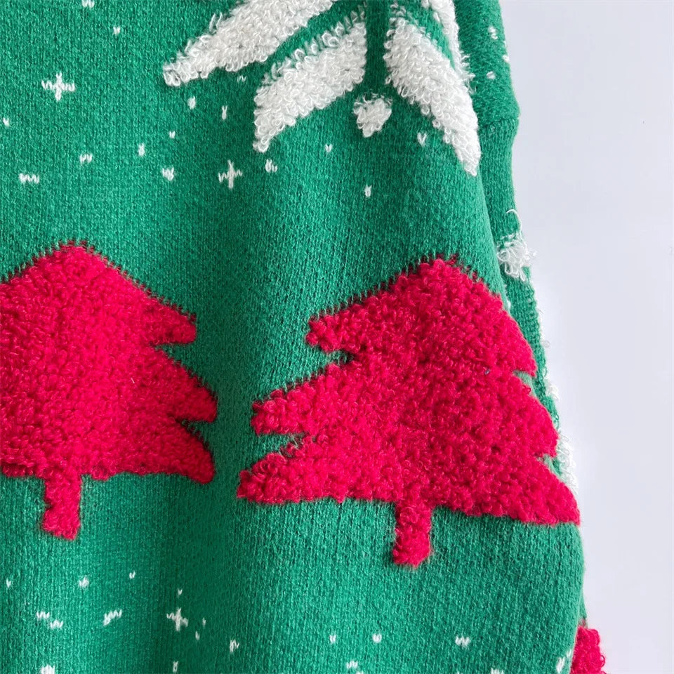 Women's Jacquard Round Neck Long Sleeve Thickened Knit Pullover Christmas Tree Design Autumn/winter New Style Sweater