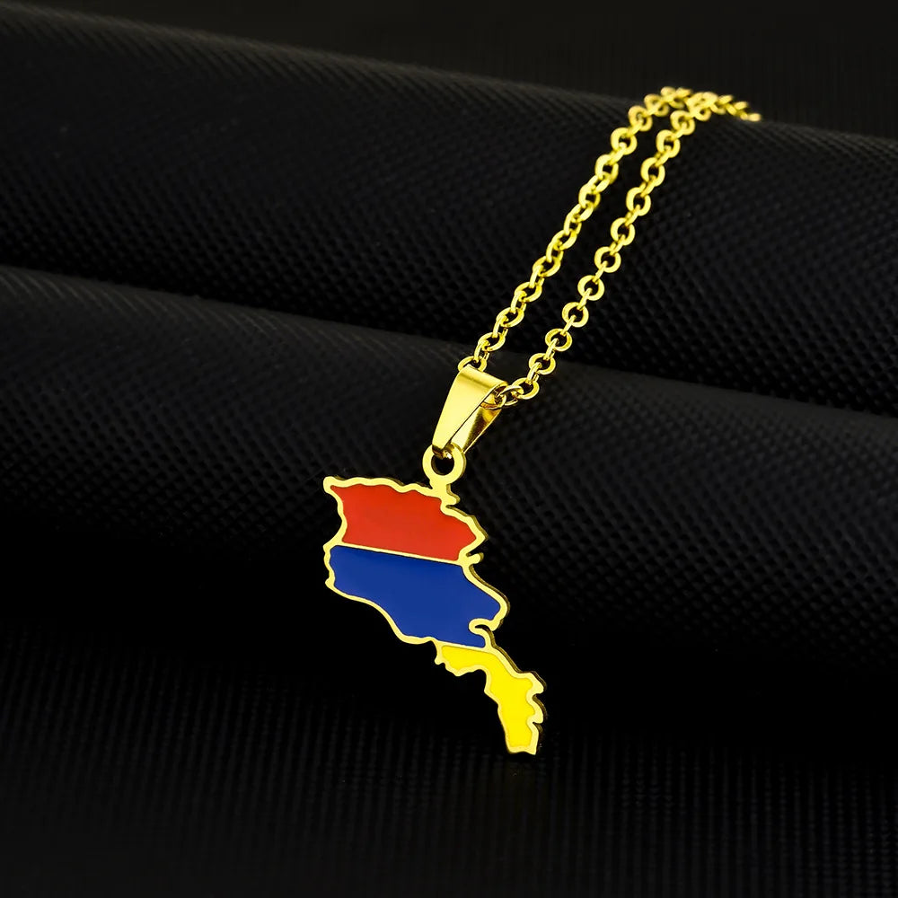 2024 New fashion stainless steel Armenian map flag necklace women's all-matching metal sweater chain niche accessories