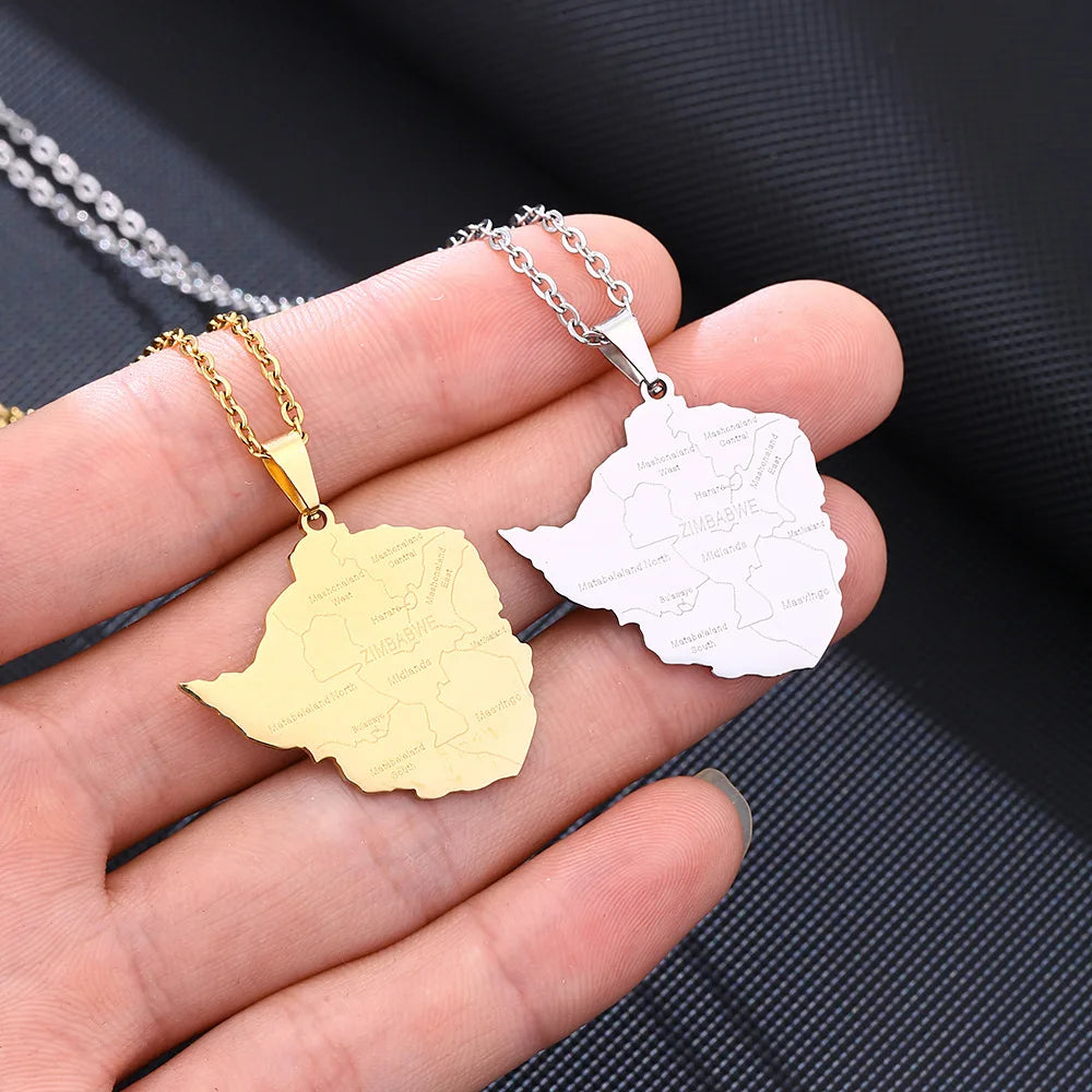 2024 new fashion stainless steel Zimbabwe city with map pendant necklace temperament everything collarbone chain birthday annive