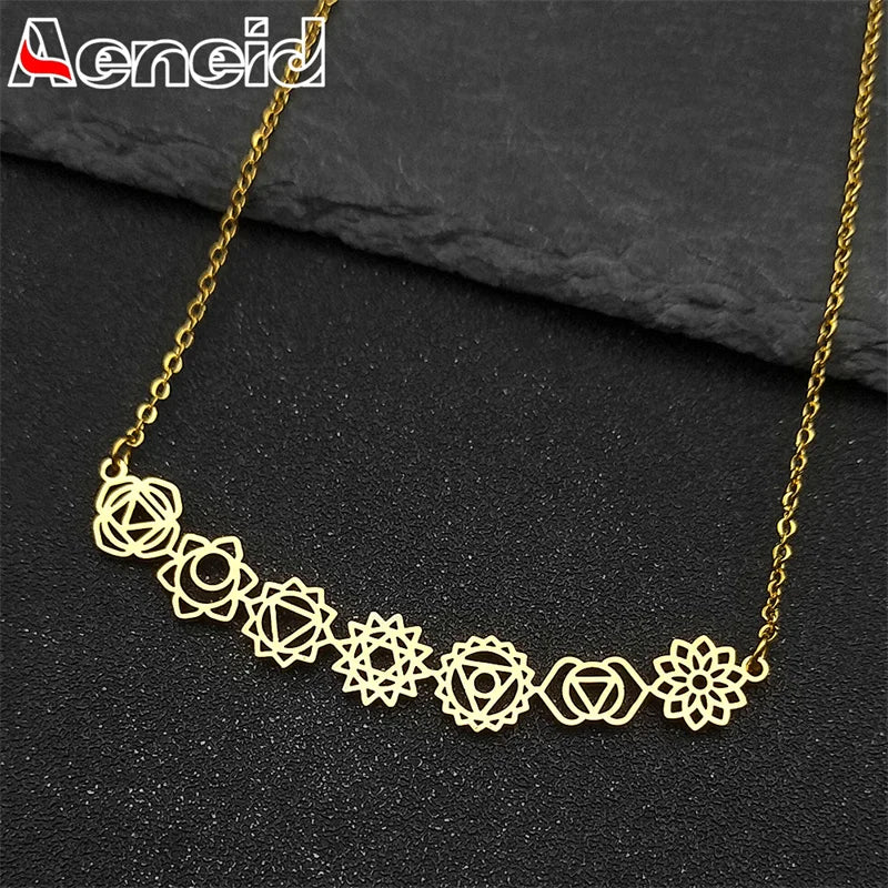 Yoga 7 Chakra Birth Flower Pendant Necklace for Women Girls Stainless Steel Gold Color Reiki Amulet Jewelry Mother's Day Gift