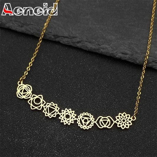 Yoga 7 Chakra Birth Flower Pendant Necklace for Women Girls Stainless Steel Gold Color Reiki Amulet Jewelry Mother's Day Gift