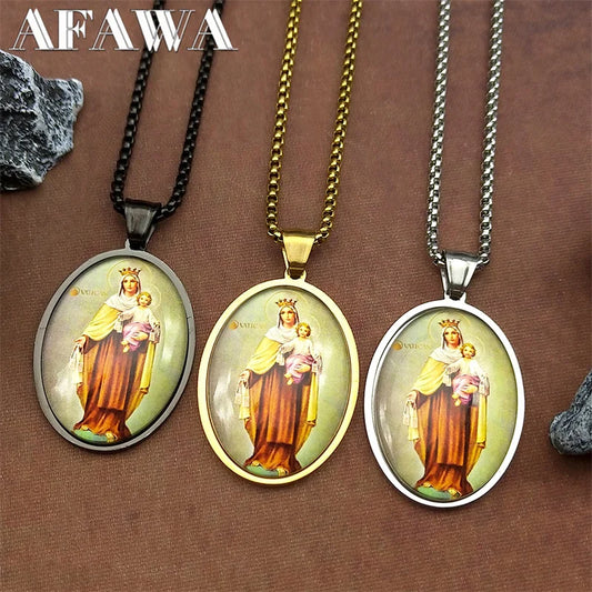 Virgin Mary Hold Baby Jesus Glass Medal Pendant Necklace for Women Men Stainless Steel Gold Color Catholic Amulet Chain Jewelry