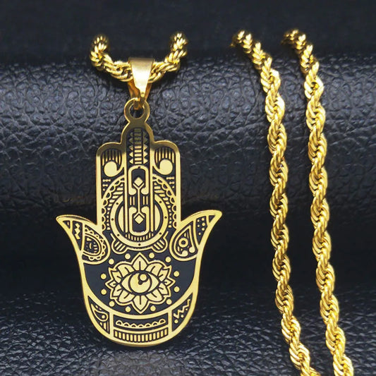 2024 New fashion ancient Fatima Hands Yoga pendant necklace temperament everything with stainless steel collarbone chain for men