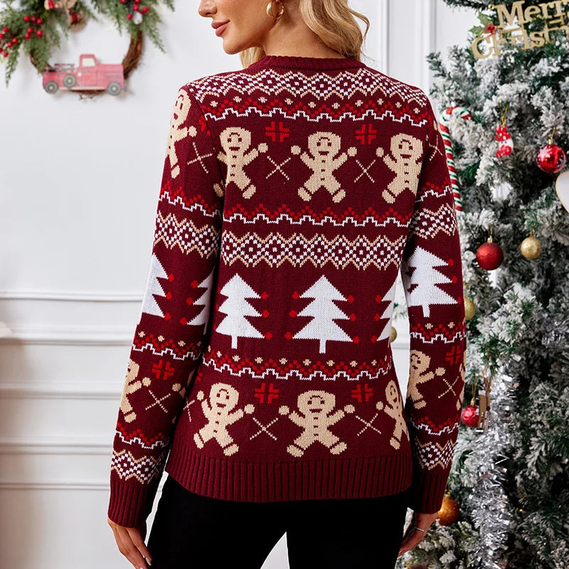 2025New Gingerbread Man Jacquard Long Sleeve Sweater Pullover Casual Top Christmas Sweater