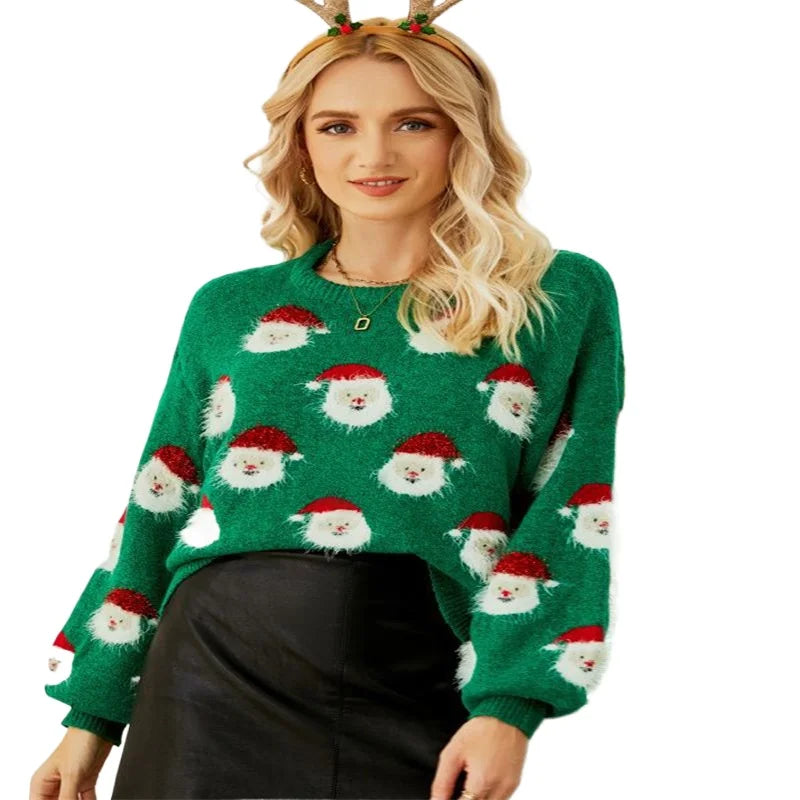 2024 Autumn and Winter New Christmas Outfit Old Man's Head Knitted Sweater European and American Women's Pullover Christmas