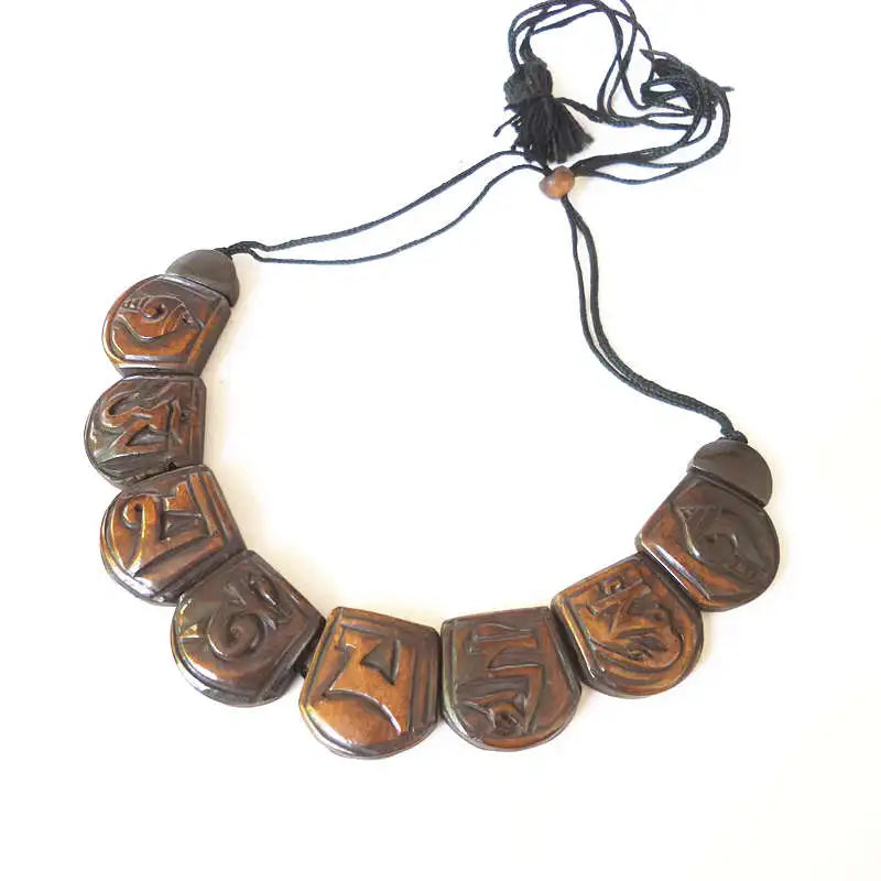 Tibetan Yak Bone Carved Six Words Mantras Amulet Statement Choker Necklace OM MANI PAD ME HUM TNL194