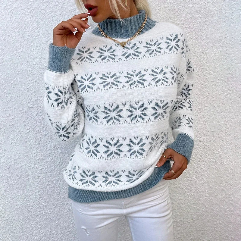 2025 Christmas Jumpers Women Mock Neck Full Sleeve Sweater Snowflake Jacquard Knitwear Warm Thick Pullover Top Xmas Party Look