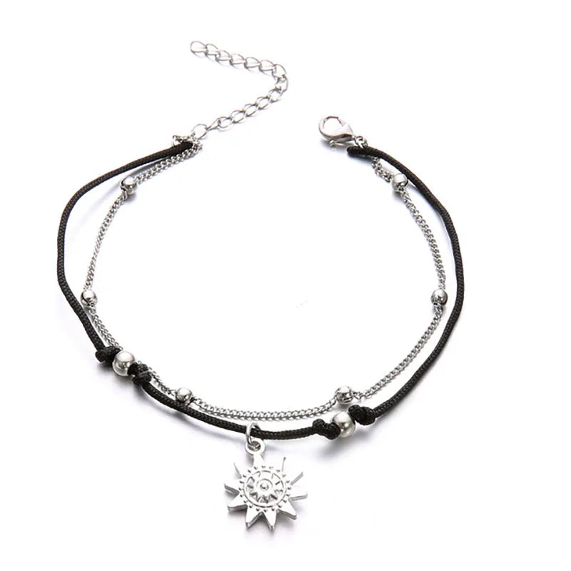 Vintage Boho Multi Layer Beads Anklets For Women Fashion Sun Pendent Anklet Handmade Chain Foot Party Jewelry Leg Bracelet