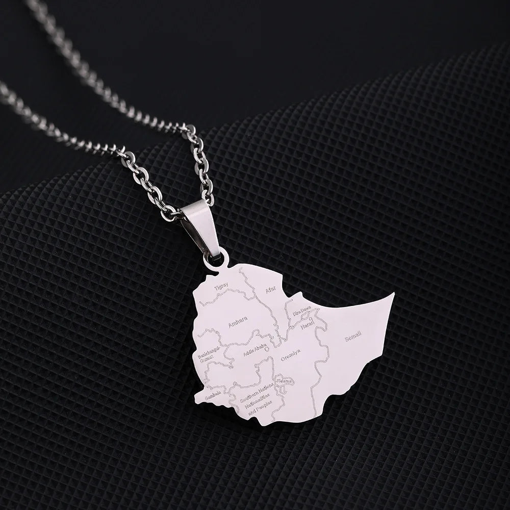 2024 New fashion stainless steel Ethiopia map with city necklace for women and men couples ethnic style accessory collarbone cha