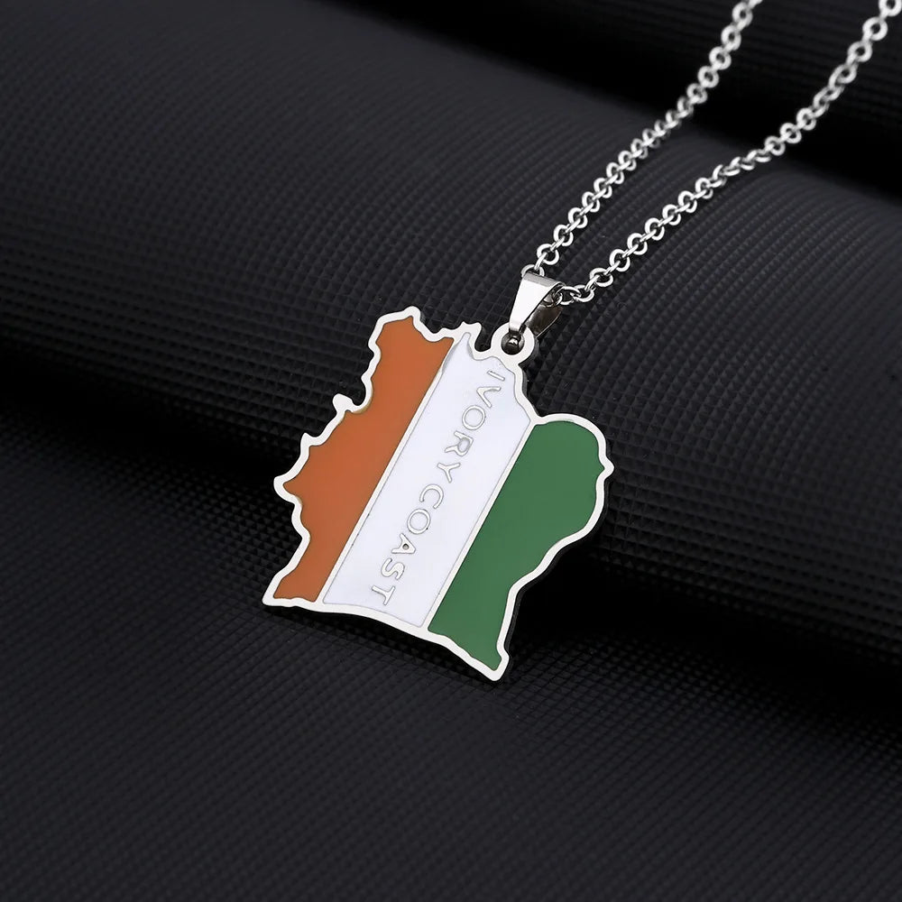 2024 new fashion stainless Cote d 'Ivoire map with flag pendant necklace temperament everything collarbone chain birthday annive