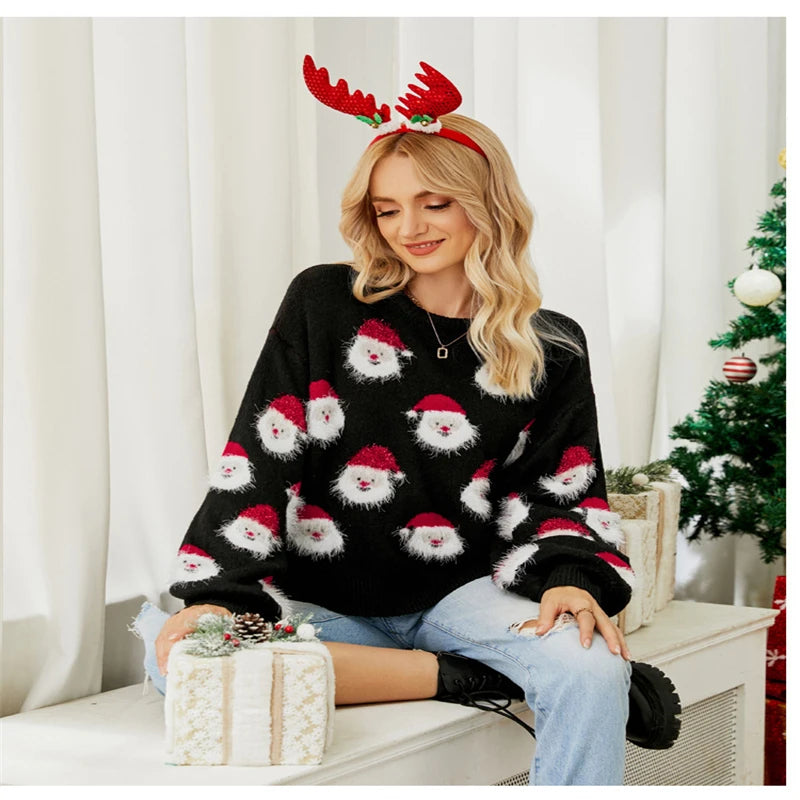 2024 Autumn and Winter New Christmas Outfit Old Man's Head Knitted Sweater European and American Women's Pullover Christmas