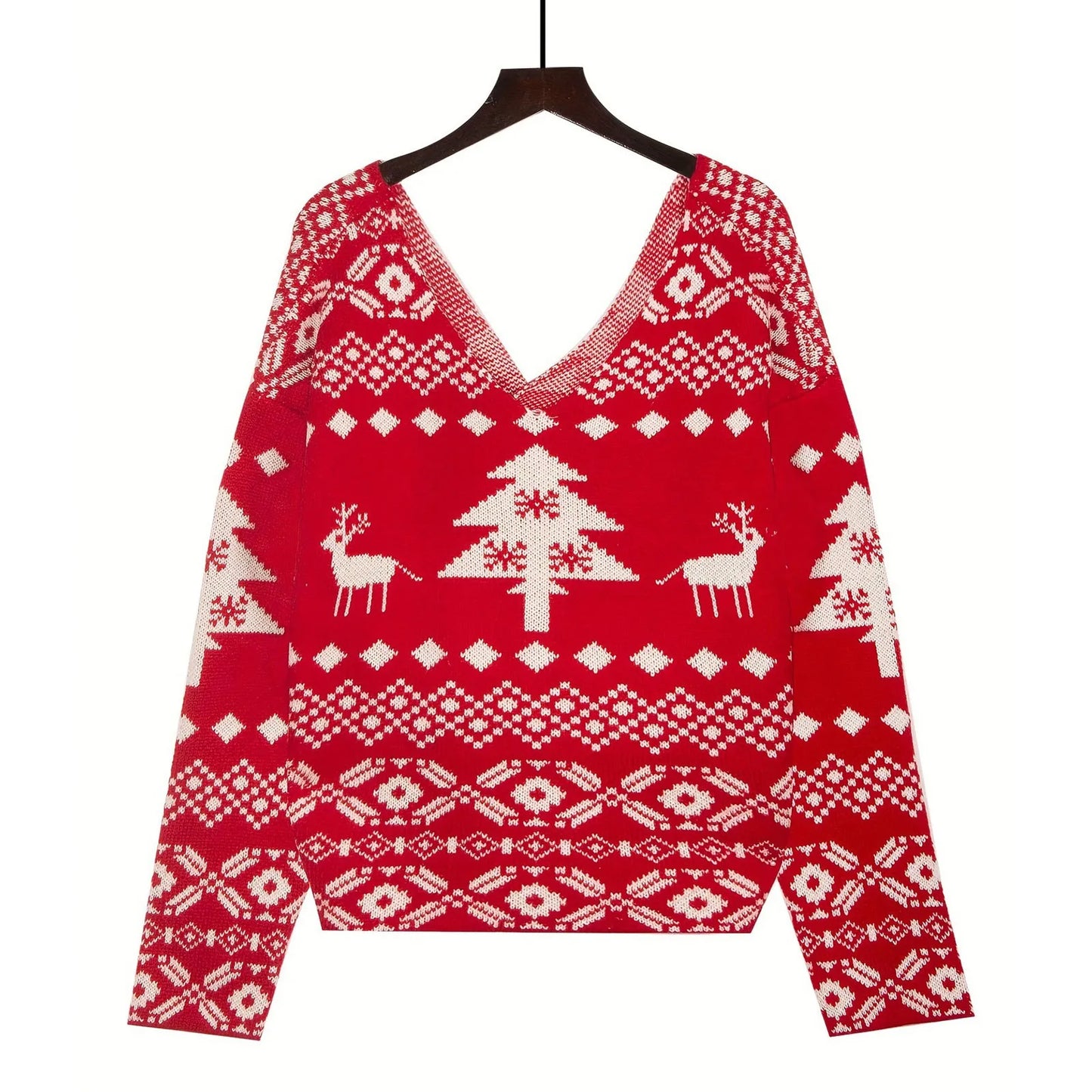 Women Knitwear Christmas Sweater Low Back Wrapped Knot Sexy Oversized Jumper Deep V-Neck Off Shoulder Hot Red Pullover Tops