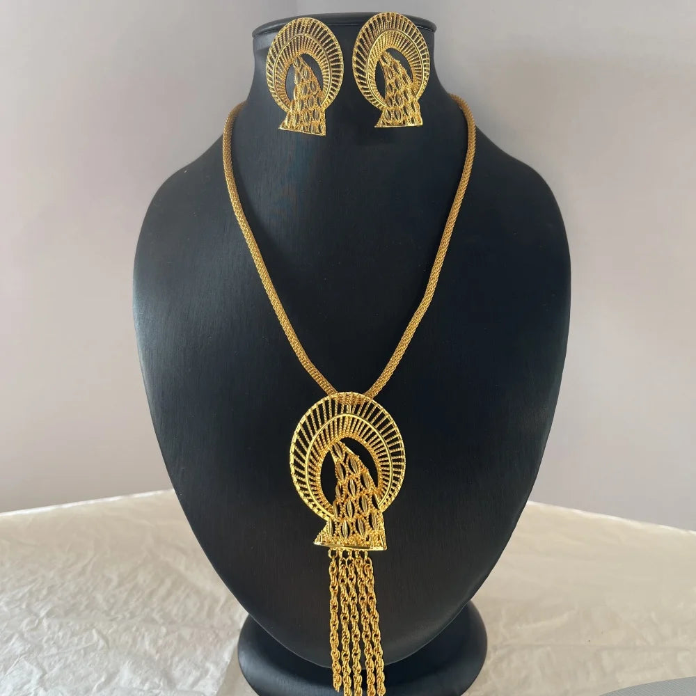 Dubai 24K Gold Color Long Jewelry Sets Wedding African Necklace Earrings For Women Nigerian Indian Bridal Set Party Gifts