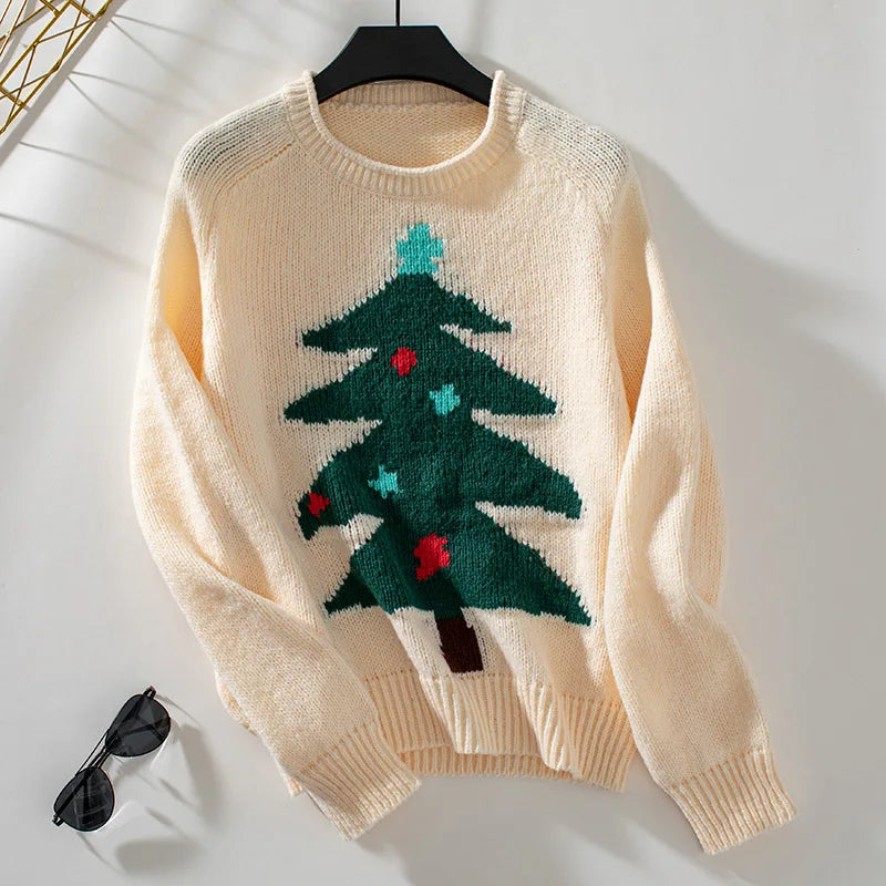 2024 Autumn Winter Women Christmas Tree Pattern Sweaters Casual Knitwear Crew-Neck Pullover Holiday Sweater Woman Pullovers