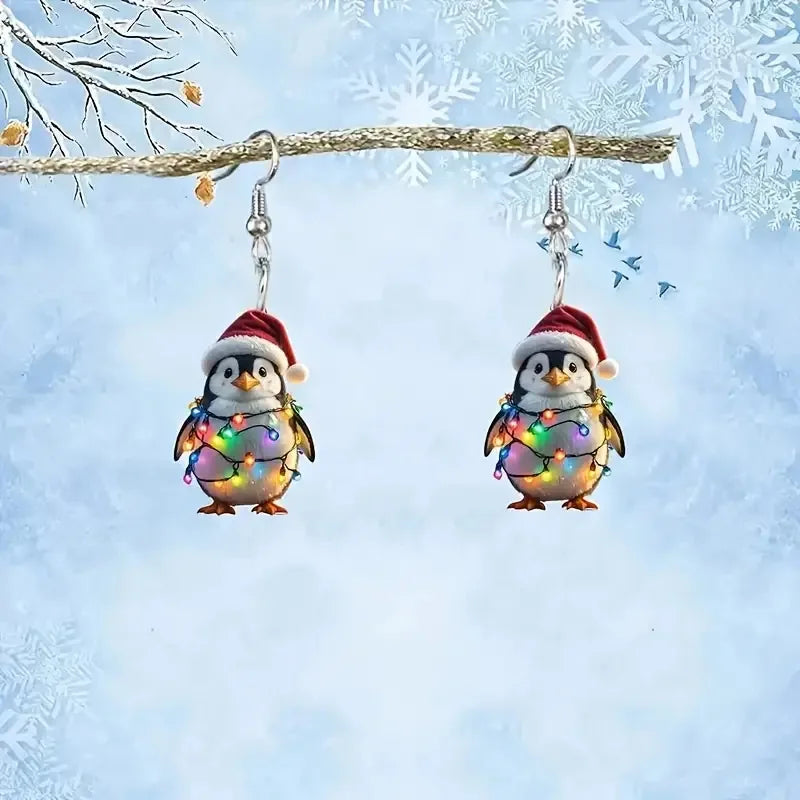 YAOLOGE Fun Leisure Santa's Hat Colorful Light Strip Penguin Earrings 2D Acrylic Design Women Winter Atmosphere Eardrop Gifts