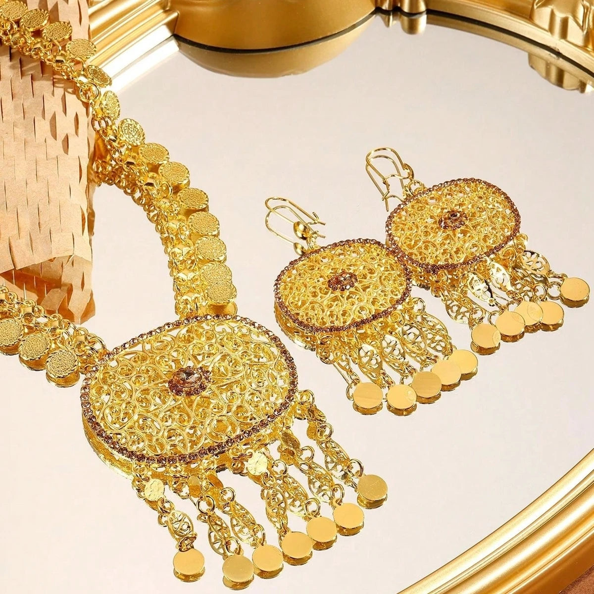 Afghan Fashion Golden Geometric Hollow Carving Rhinestone Coins Tassel Necklaces Earrings Women Kurdish Statement Jewelry Set