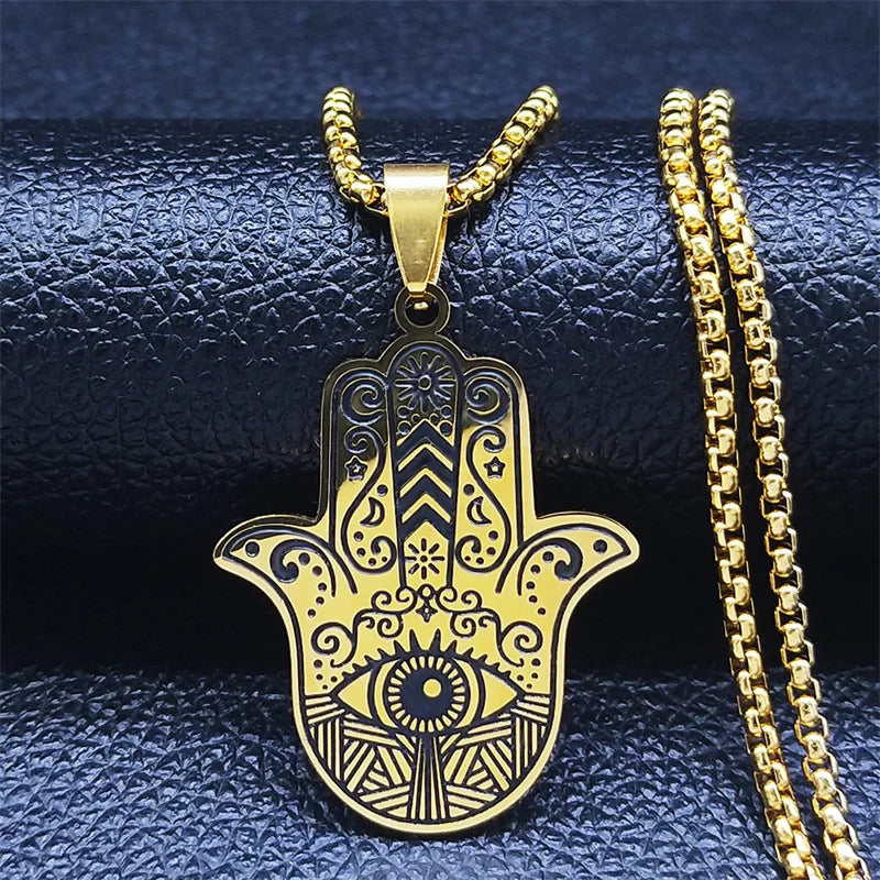 Hamsa Hand Stainless Steel Necklace Gold Color Amulet Hand of Fatima Necklaces Islamic Religious Arabic Jewelry mano de fatima