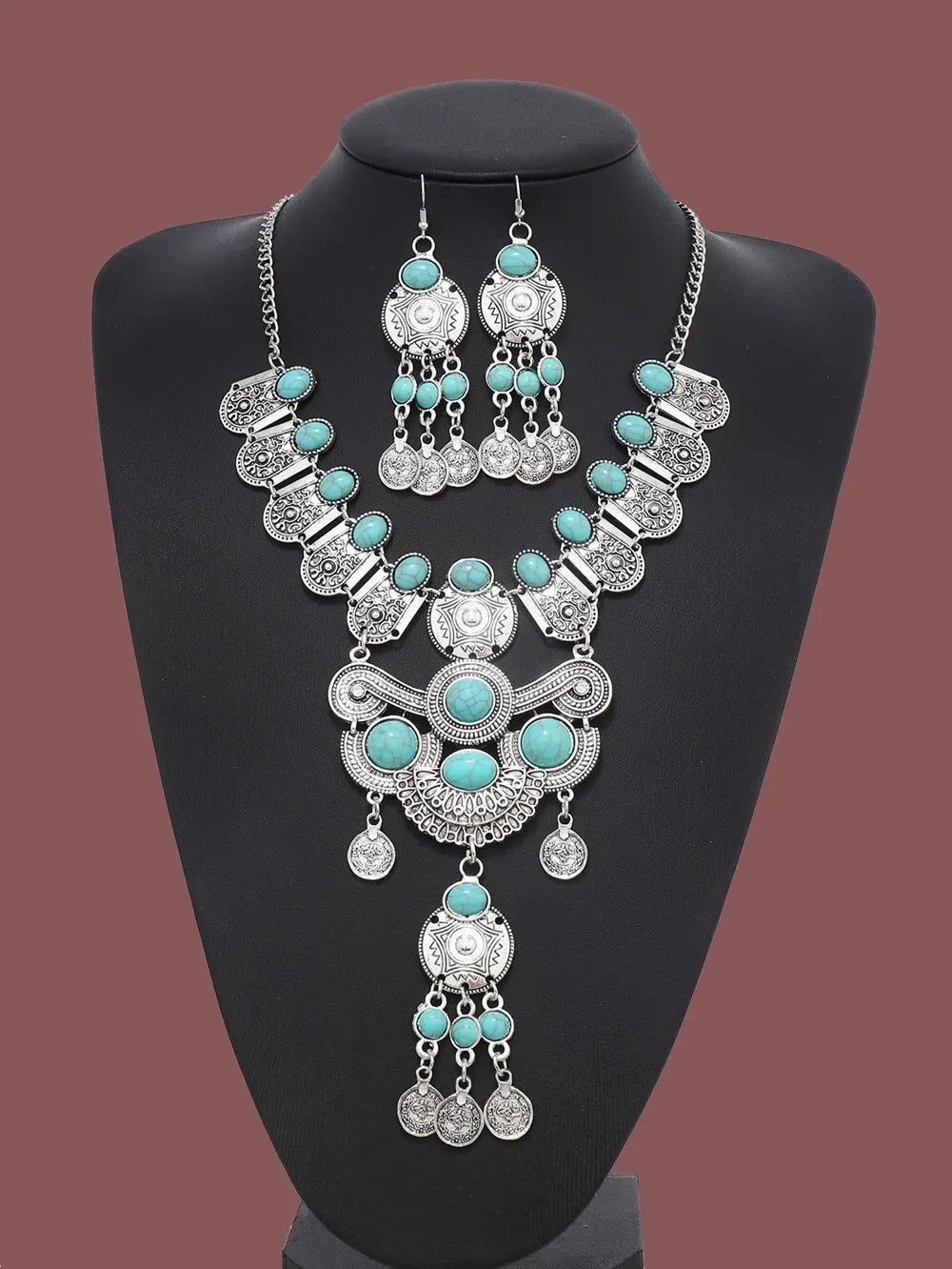 Western Jewelry Set Ethnic Vintage Imitation Turquoise Metal Coin Tassel Necklace And Earrings For Women Party Accessories