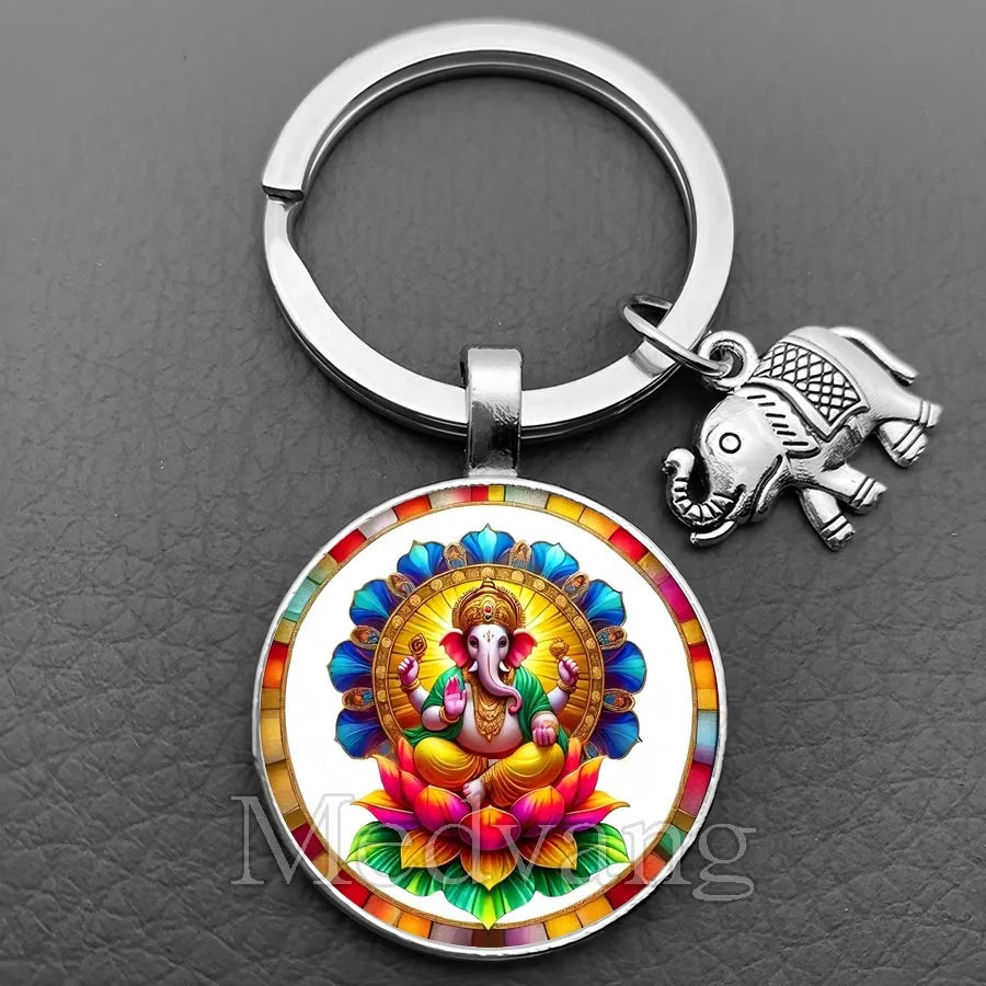 Sacred Elephant Ganesha Keychain Buddha keychain and key ring God Of Wealth Elephant glass key ring men and women bag decoration