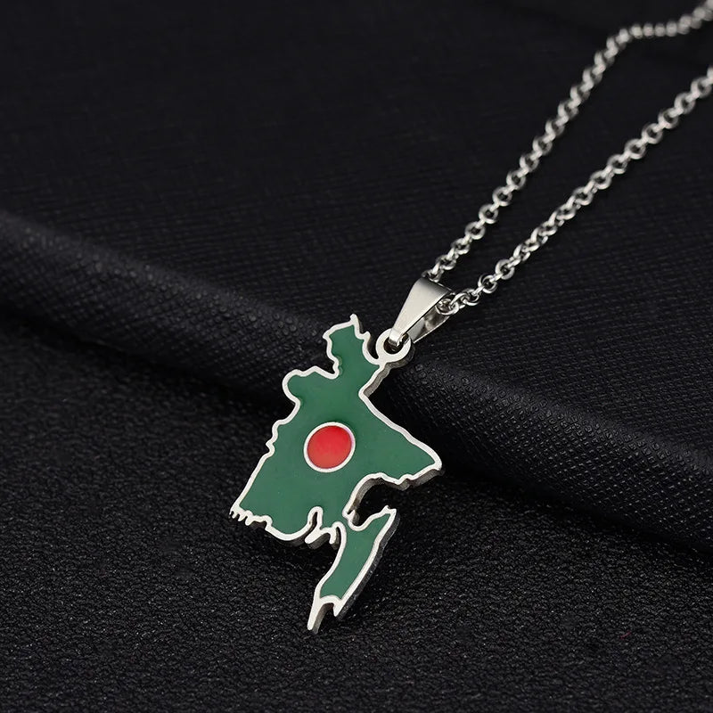 2024 new fashion stainless steel vintage dripping oil Bangladesh map pendant necklace temperament everything collarbone chain bi