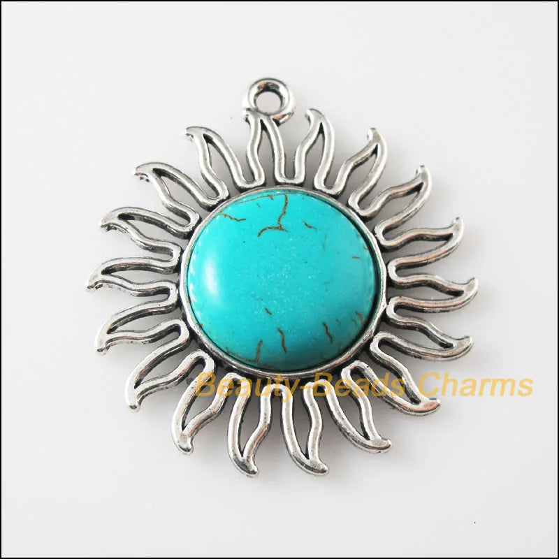 2Pc Retro Tibetan Silver Sun Flower Charms Pendants 42.5x46mm