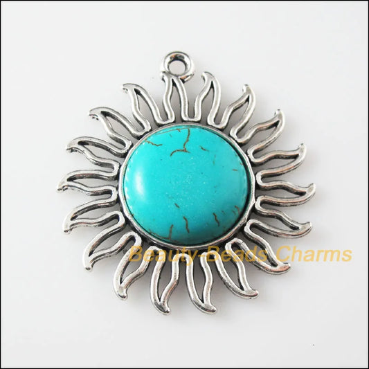 2Pc Retro Tibetan Silver Sun Flower Charms Pendants 42.5x46mm
