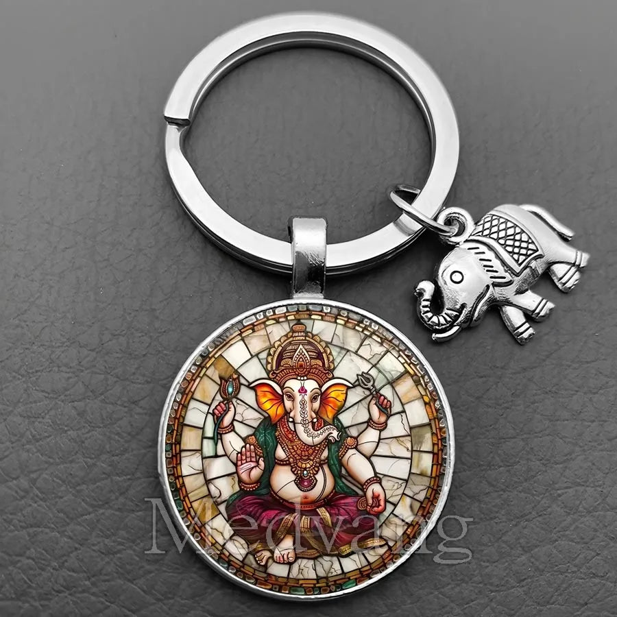 Sacred Elephant Ganesha Keychain Buddha keychain and key ring God Of Wealth Elephant glass key ring men and women bag decoration