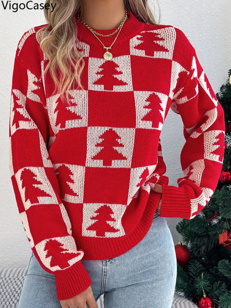 VigoCasey 2025 Autumn Winter Lady Christmas Knitted Sweater Women O Neck Plaid Print Pullover Lantern Long Sleeve Loose Jumper
