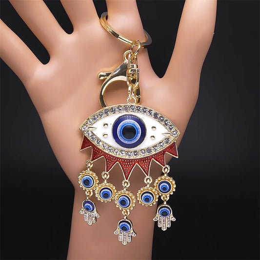 Turkish Lucky Blue Eye Keychain for Women Men Gold Color Metal Hamsa Hand Pendant Charms Bag Car Key Chain Ring Jewelry K9027S01