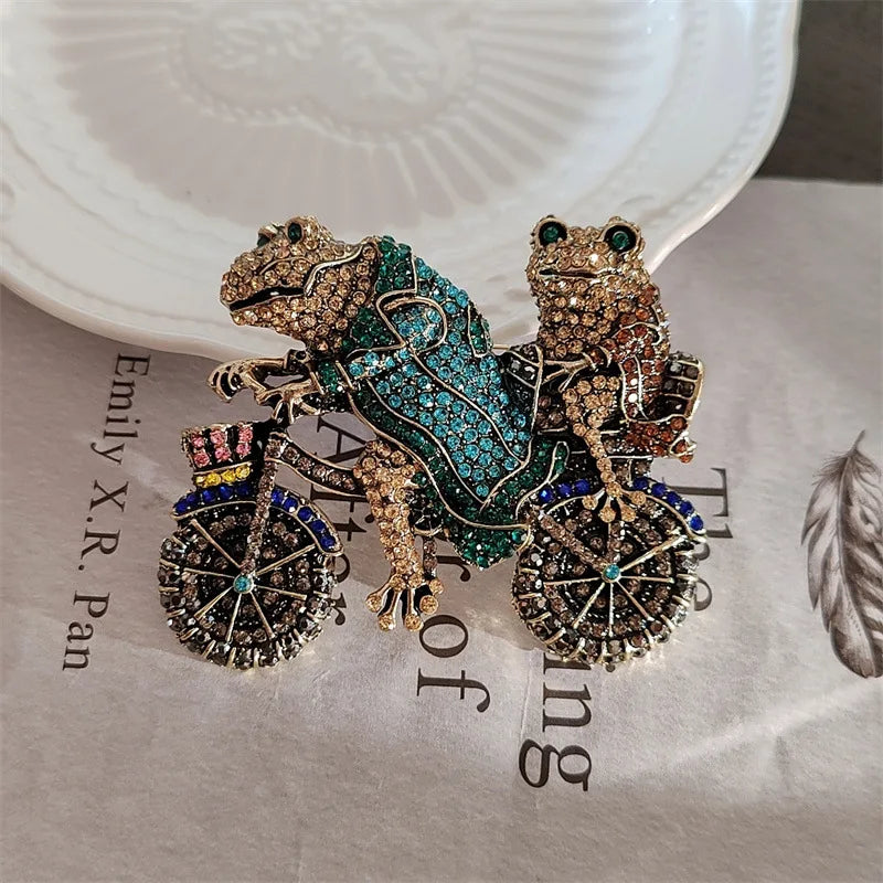 vintage jewelry retro heavy diamond frog prince bicycle brooch women accessories pin