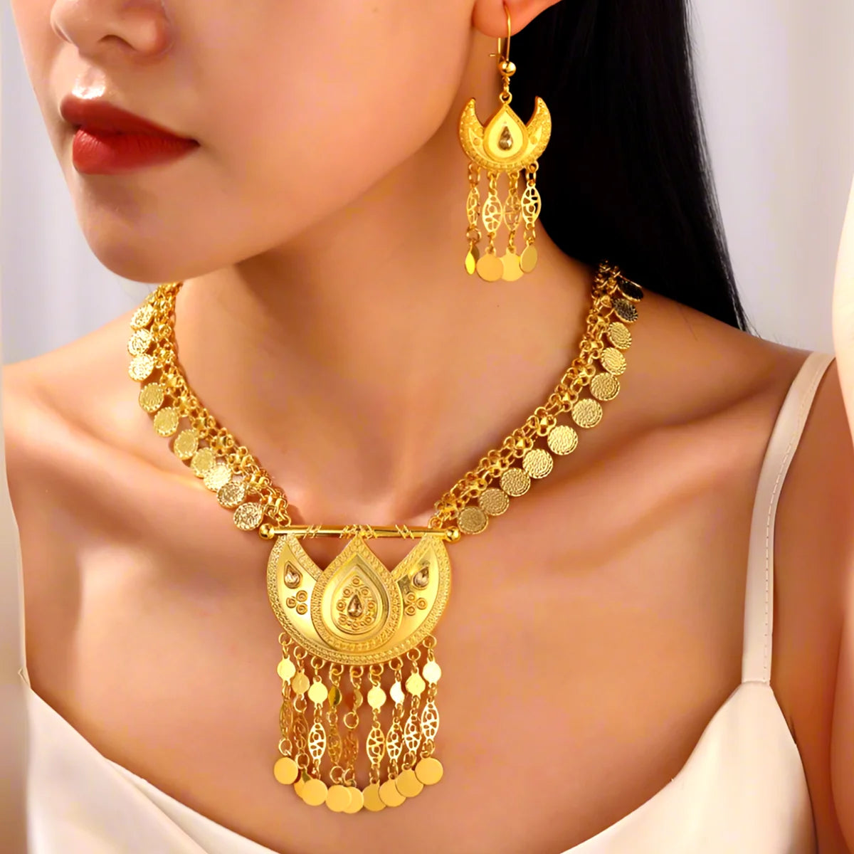 Afghan Fashion Golden Geometric Hollow Carving Rhinestone Coins Tassel Necklaces Earrings Women Kurdish Statement Jewelry Set