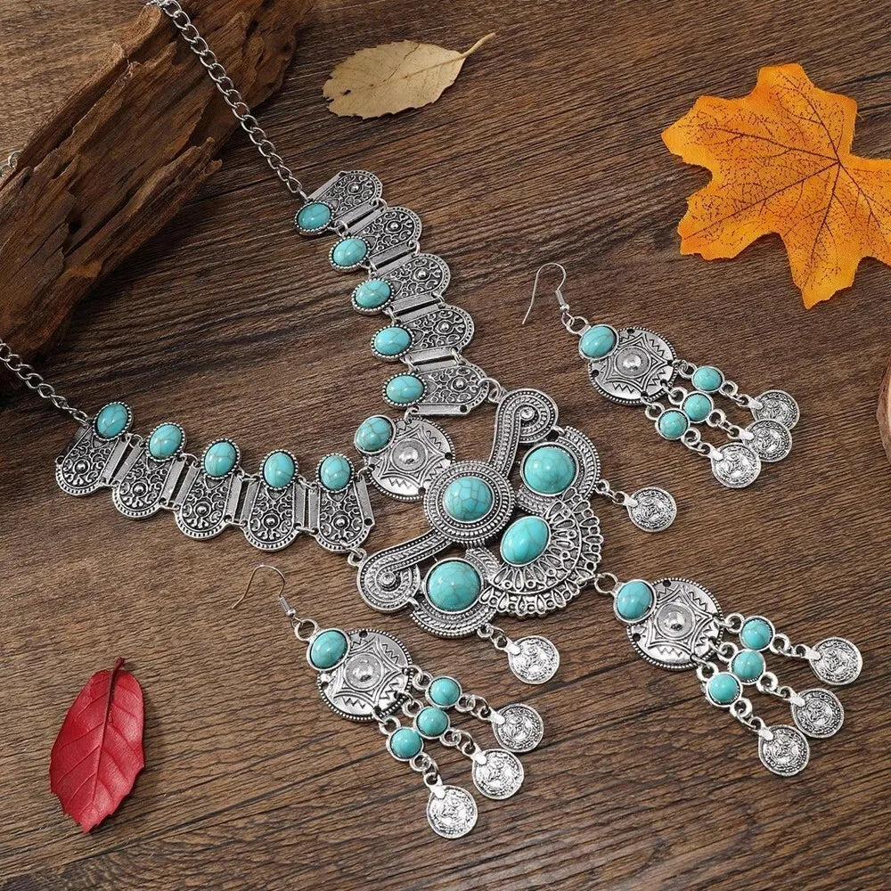 Western Jewelry Set Ethnic Vintage Imitation Turquoise Metal Coin Tassel Necklace And Earrings For Women Party Accessories