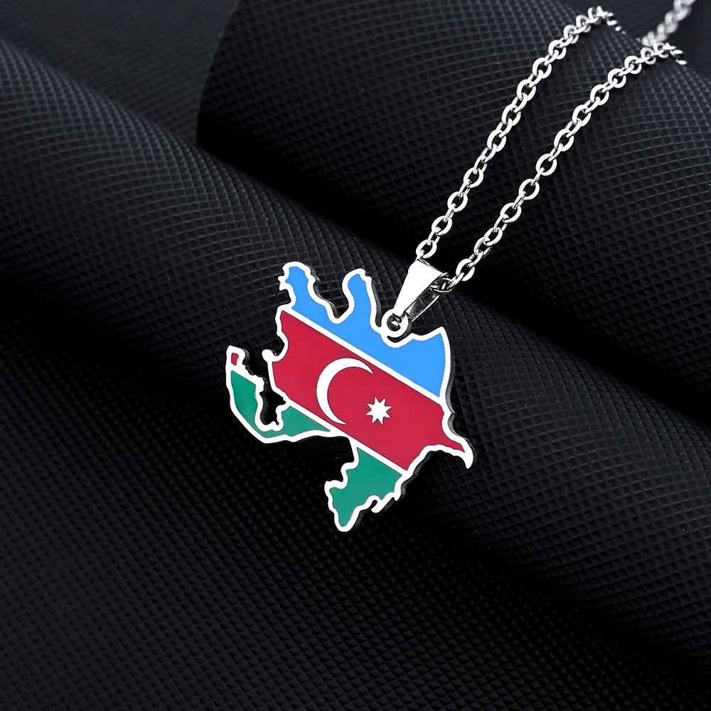 2024 new fashion stainless just Azerbaijan map with flag pendant necklace temperament everything collarbone chain birthday anniv