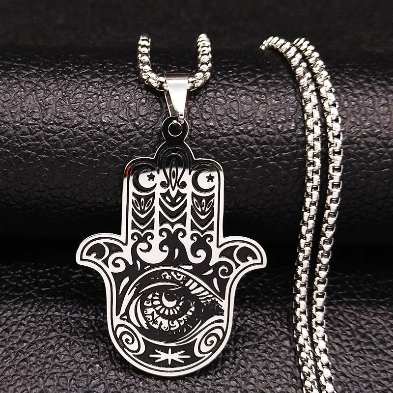 Hamsa Hand of Fatima Stainless Steel Necklaces Men Fatima´s Hand Turkish Eye Necklaces Pendants Jewelry collier homme N933S02